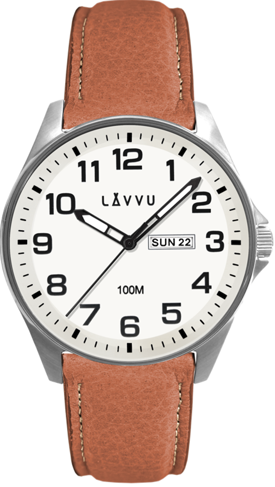 LAVVU Ocelové pánské hodinky BERGEN White / Top Grain Leather se svítícím číselníkem