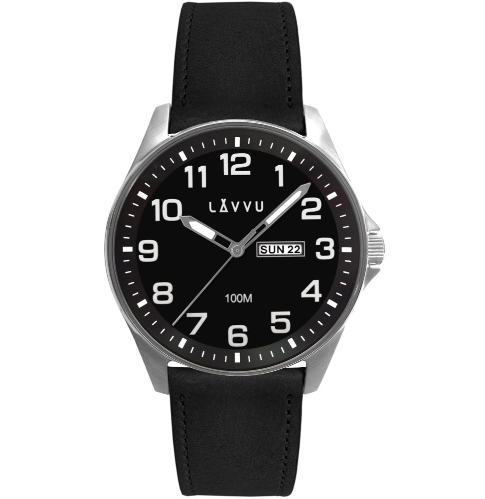 LAVVU Ocelové pánské hodinky BERGEN Black / Top Grain Leather se svítícími čísly
